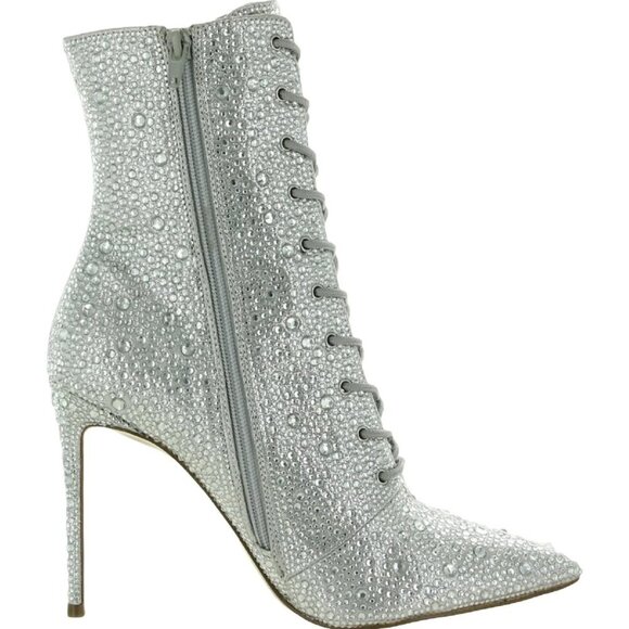 NWT Steve Madden Valency Crystal Embellished Lace Up Stiletto Heeled Ankle Boots - Picture 2 of 10